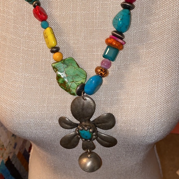 Art by Amy multi colored stone with a bronze flower drop with turquoise. - Picture 2 of 4